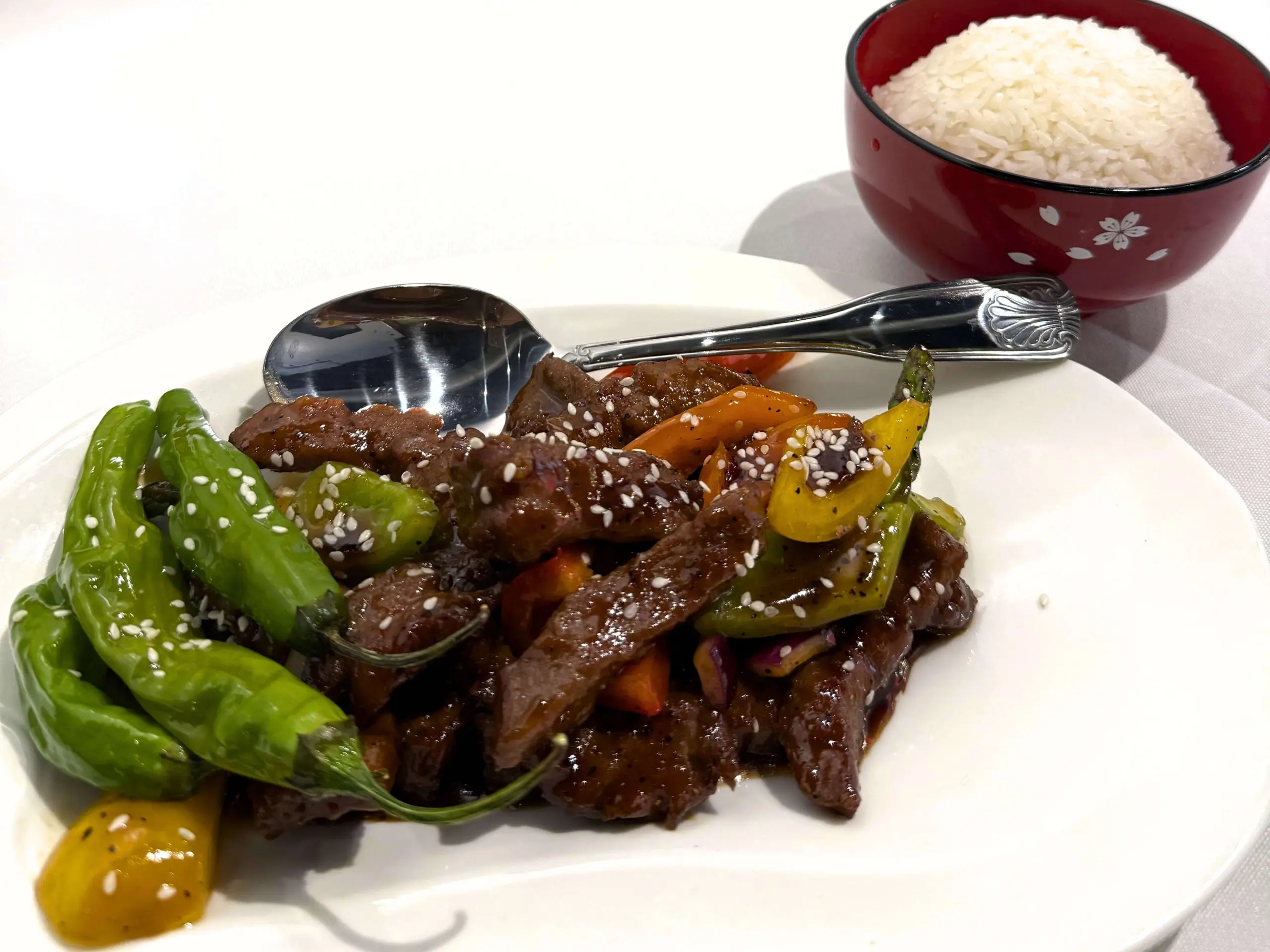 Savory Mongolian beef with peppers and sesame seeds at Big 8, a Chinese Restaurant in Lincoln